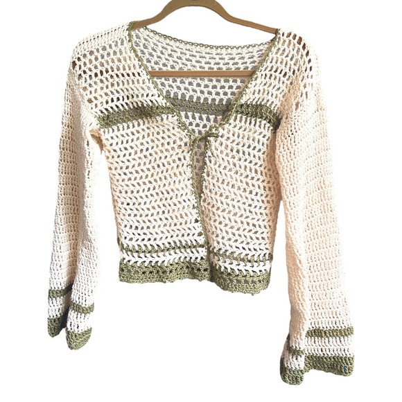 Sweaters - Crochet Tie Front Cream Green Long Sleeve Cardigan S‎